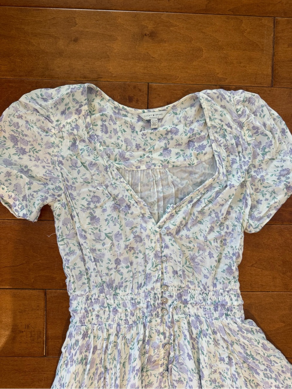 Lucky Brand Light Blue Floral Midi Dress with Puff Sleeves Size XS - Picture 2 of 6